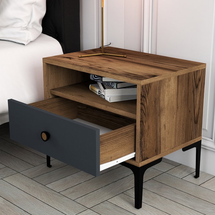 Hanah Home Mesilla de Noche Lizbon 529 - Nogal, Antracita - 56x50.8x40 cm - Mesita Auxiliar Dormitorio